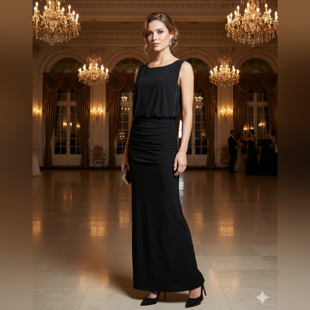 Cache Bead Trim Jersey Blouson Gown In Black